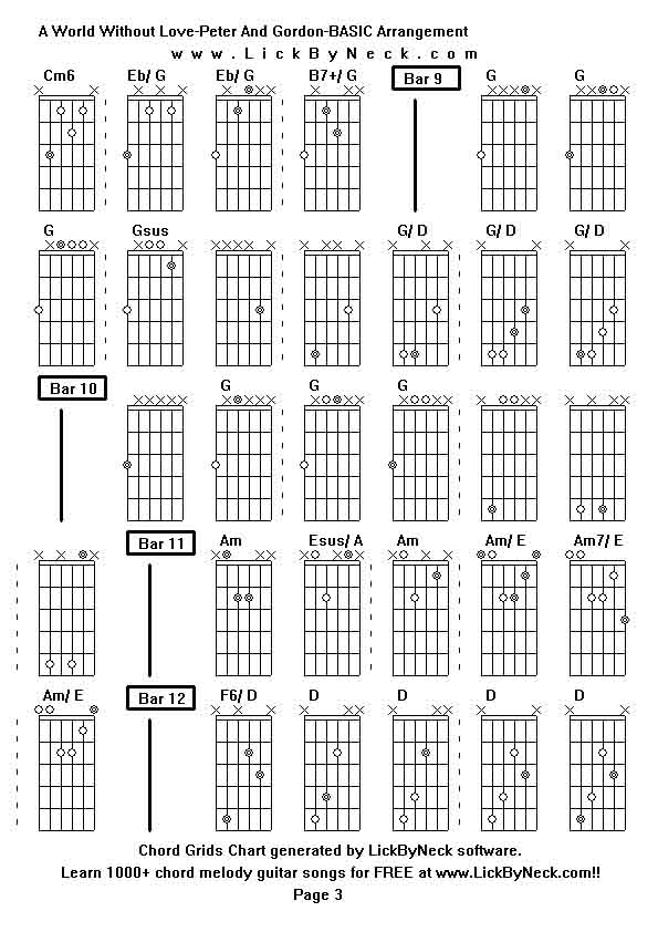 Chord Grids Chart of chord melody fingerstyle guitar song-A World Without Love-Peter And Gordon-BASIC Arrangement,generated by LickByNeck software.